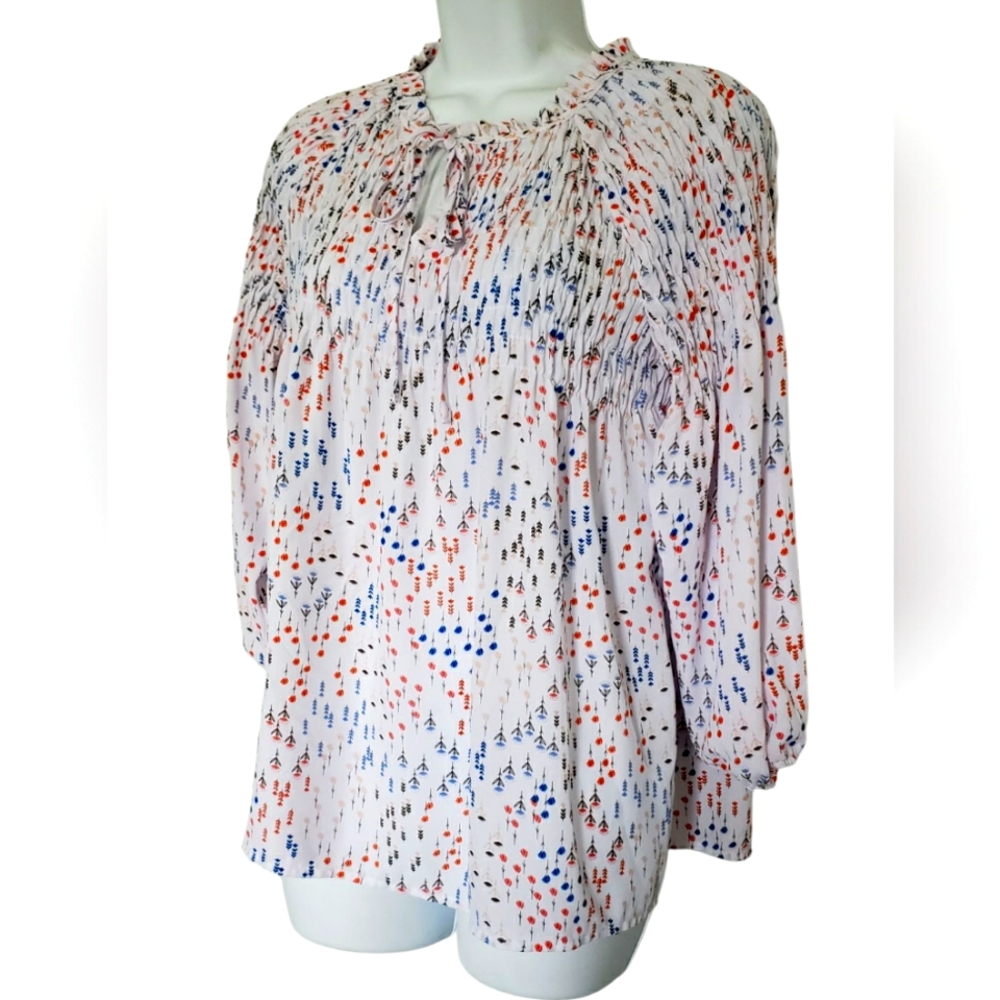 White Floral Blouse Top Size Small ANA